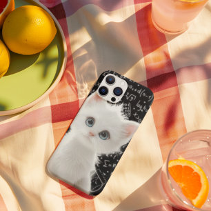 Fluffige weiße Katze & Mathe-Formeln-Schultafel-Et iPhone 16 Hülle
