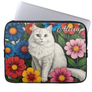 Fluffige weiße Katze und volkstümliche Blumen Laptopschutzhülle