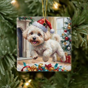 Fluffiger Bichon Frise Hund Fröhliche Weihnachten Keramikornament