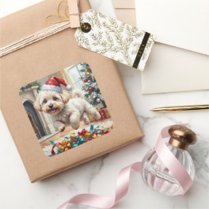 Fluffiger Bichon Frise Hund Fröhliche Weihnachten Quadratischer Aufkleber