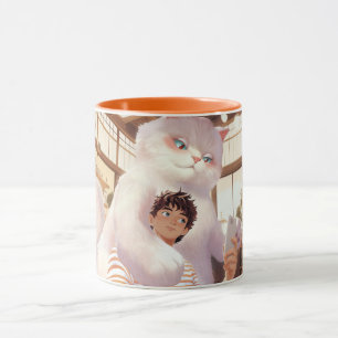 Fluffiger Riese: Selfie einer weißen Katze im Retr Tasse