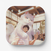 Fluffiger Riese: Weiße Katze macht Selfie im Retro Pappteller (Vorderseite)