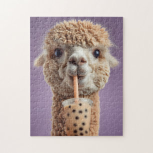 Fluffiges Alpaka-Porträt beim Trinken von Boba-Bla Puzzle