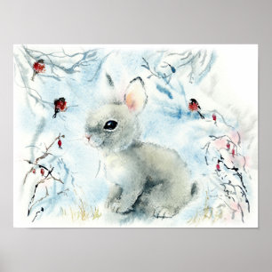 Fluffiges Kaninchen im Schnee Poster