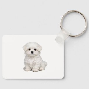 Fluffiges weißes Malteser-Welpenporträt Süßer Hund Schlüsselanhänger