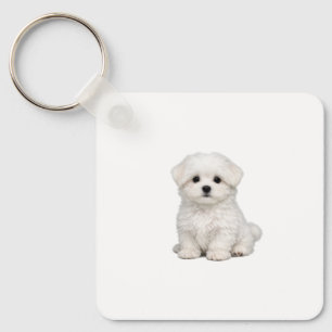 Fluffiges weißes Malteser-Welpenporträt Süßer Hund Schlüsselanhänger