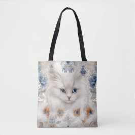 FLUFFWEISSE KATZE MIT BLAU- UND ORANGE-BLUME TASCHE