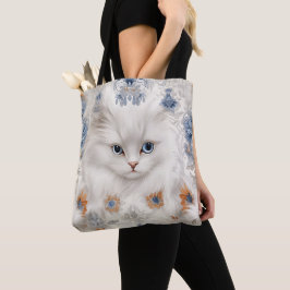 FLUFFWEISSE KATZE MIT BLAU- UND ORANGE-BLUME TASCHE