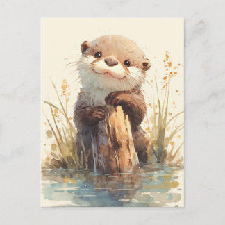 Fluffy Baby Otter on Wooden Post Postkarte