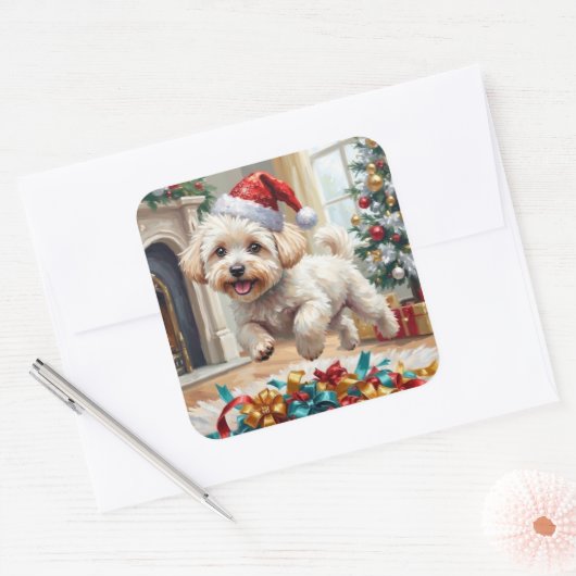 Fluffy Bichon Frise Dog Joyful Christmas Quadratischer Aufkleber (Umschlag)