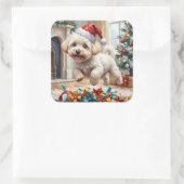 Fluffy Bichon Frise Dog Joyful Christmas Quadratischer Aufkleber (Tasche)