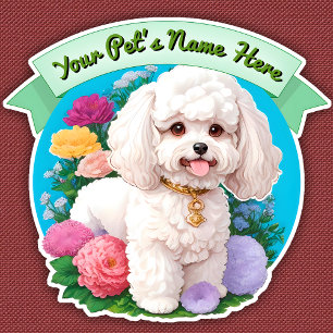 Fluffy Bichon Frisé, grünes Band, Blume rund um da Aufkleber