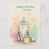 Fluffy Birthday Cat - Party Hat Cat with Cake Postkarte (Vorderseite)