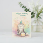 Fluffy Birthday Cat - Party Hat Cat with Cake Postkarte (Stehend Vorderseite)