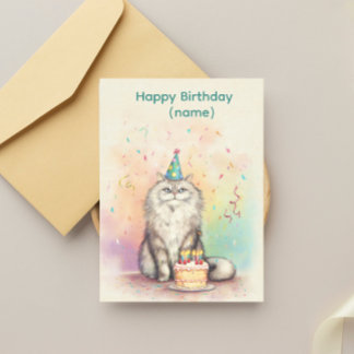 Fluffy Birthday Cat - Party Hat Cat with Cake Postkarte