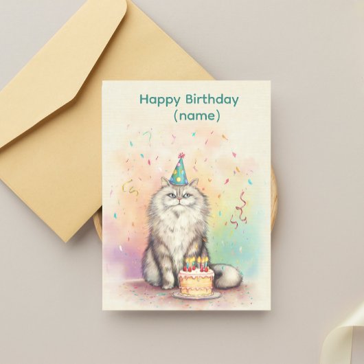 Fluffy Birthday Cat - Party Hat Cat with Cake Postkarte