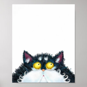 Fluffy Black Cartoon Cat Portrait Painting Poster