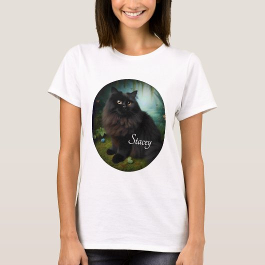 Fluffy Black Cat an der Vorderseite des dunklen Ho T-Shirt (Vorderseite)