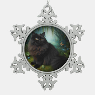 Fluffy Black Cat in Misty Woods Add Own Foto Schneeflocken Zinn-Ornament