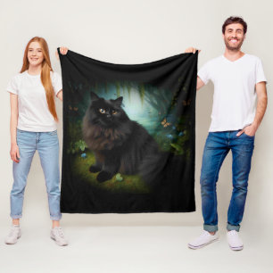 Fluffy Black Cat in Misty Woods Fleecedecke
