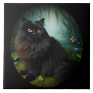 Fluffy Black Cat in Misty Woods Fliese