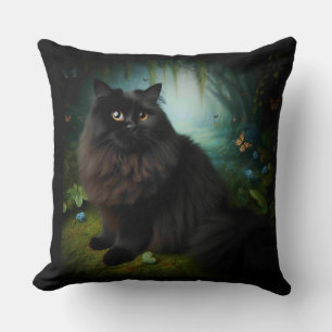 Fluffy Black Cat in Misty Woods Kissen