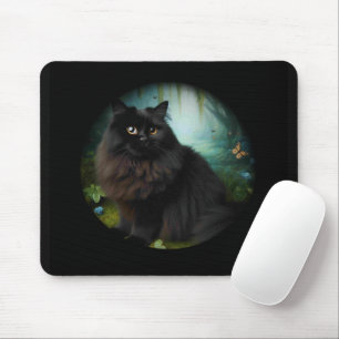 Fluffy Black Cat in Misty Woods Mousepad