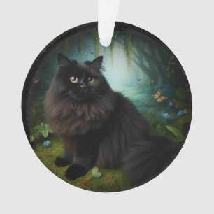 Fluffy Black Cat in Misty Woods Ornament