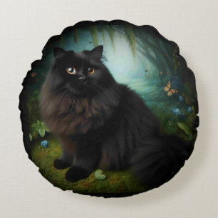 Fluffy Black Cat in Misty Woods Rundes Kissen
