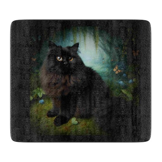 Fluffy Black Cat in Misty Woods Schneidebrett (Vorderseite)