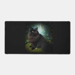 Fluffy Black Cat in Misty Woods Schreibtischunterlage