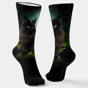 Fluffy Black Cat in Misty Woods Socken