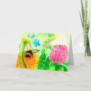 Fluffy Bumblebee auf einer Dandelion-Blume Karte
