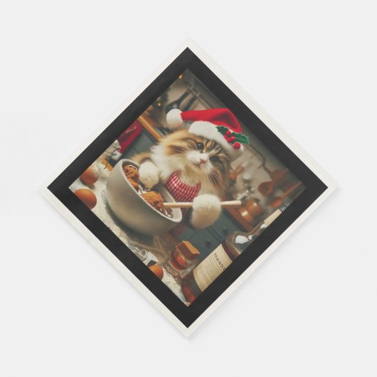 Fluffy cat baking boozy christmas pudding serviette (Ecke)