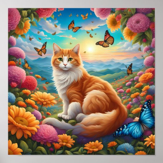 Fluffy Cat Sitting in einem Bereich von Blume Poster (Vorne)