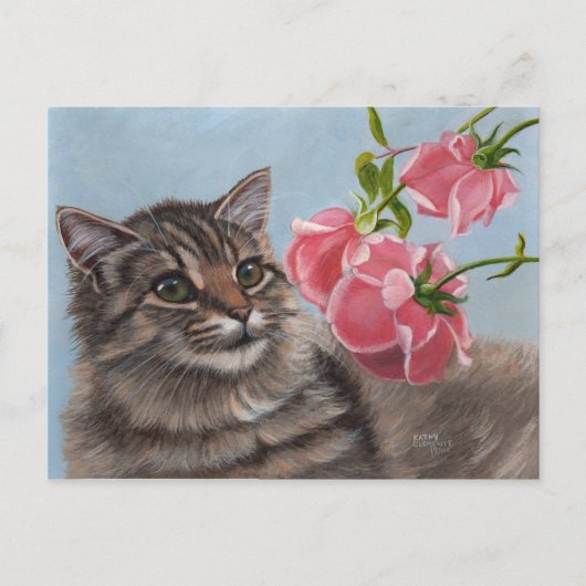Fluffy Cat und 3 rosa Rosen Postkarte (Vorderseite)