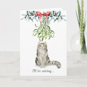 Fluffy Cat Under the Mistletoe Christmas Card Karte