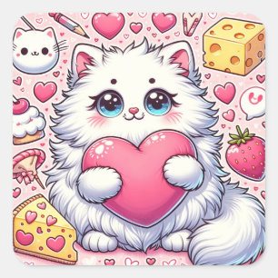 Fluffy Cat's Valentine Heart Embrace Quadratischer Aufkleber