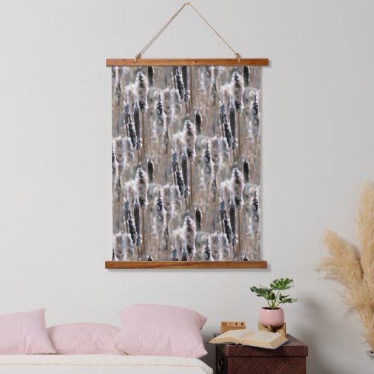 Fluffy Cattails Nature Pattern Wandteppich Mit Holzrahmen (Schlafzimmer)