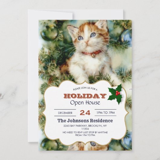 Fluffy christmas cat Watercolor Einladung (Vorderseite)