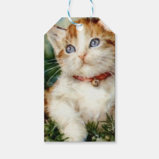 Fluffy christmas cat Watercolor Geschenkanhänger (Vorderseite)