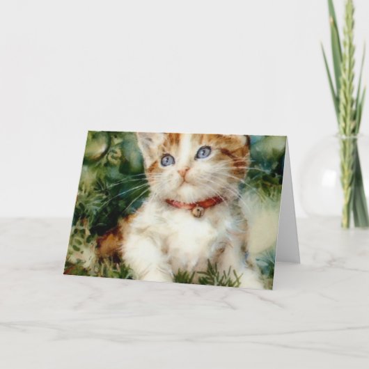 Fluffy christmas cat Watercolor Karte (Vorderseite)