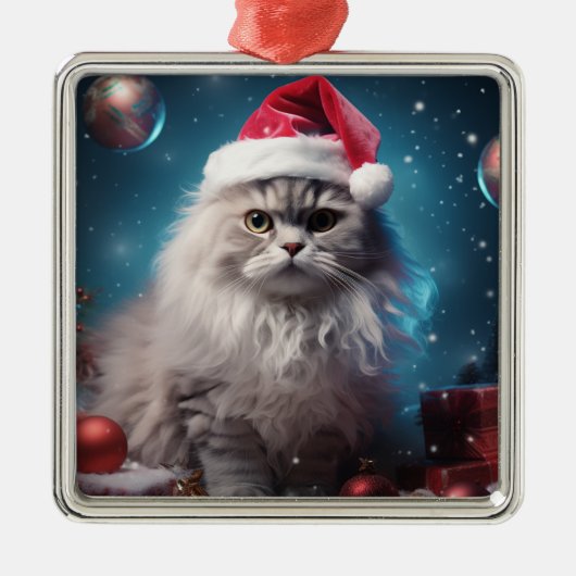 FLUFFY CHRISTMAS HOLIDAY SILVER PERSIAN CAT ORNAMENT AUS METALL (Vorne)