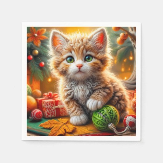 Fluffy Christmas Kitten Serviette (Vorderseite)