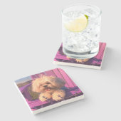 Fluffy Cute Shih Tzu Toy Puppy, Happy Dog Sitting Steinuntersetzer (Seitenansicht)