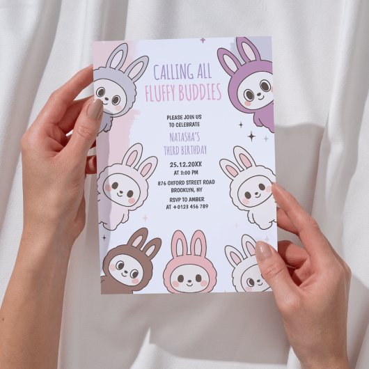 Fluffy Dolls Pastel Bunny Thema Geburtstag Einladung