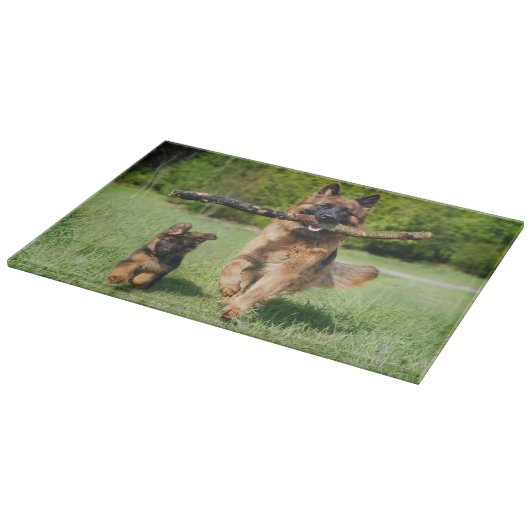 Fluffy German Shepherd Dog and Puppy Schneidebrett (Ecke)