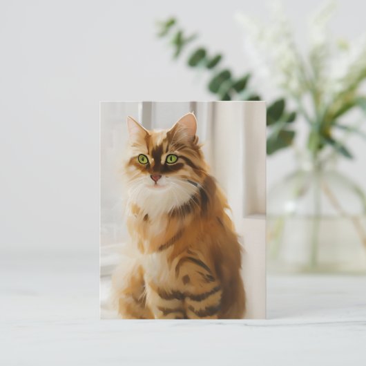 Fluffy Ginger Cat im Fenster Postkarte (Stehend Vorderseite)