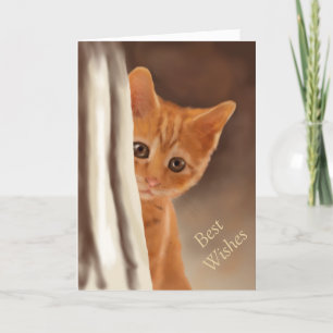 Fluffy Ginger Kitten Behind Curtain Karte
