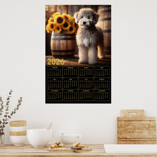 Fluffy Goldendoodle mit Sonnenblumen – 2026 Rustik Poster (Küche)